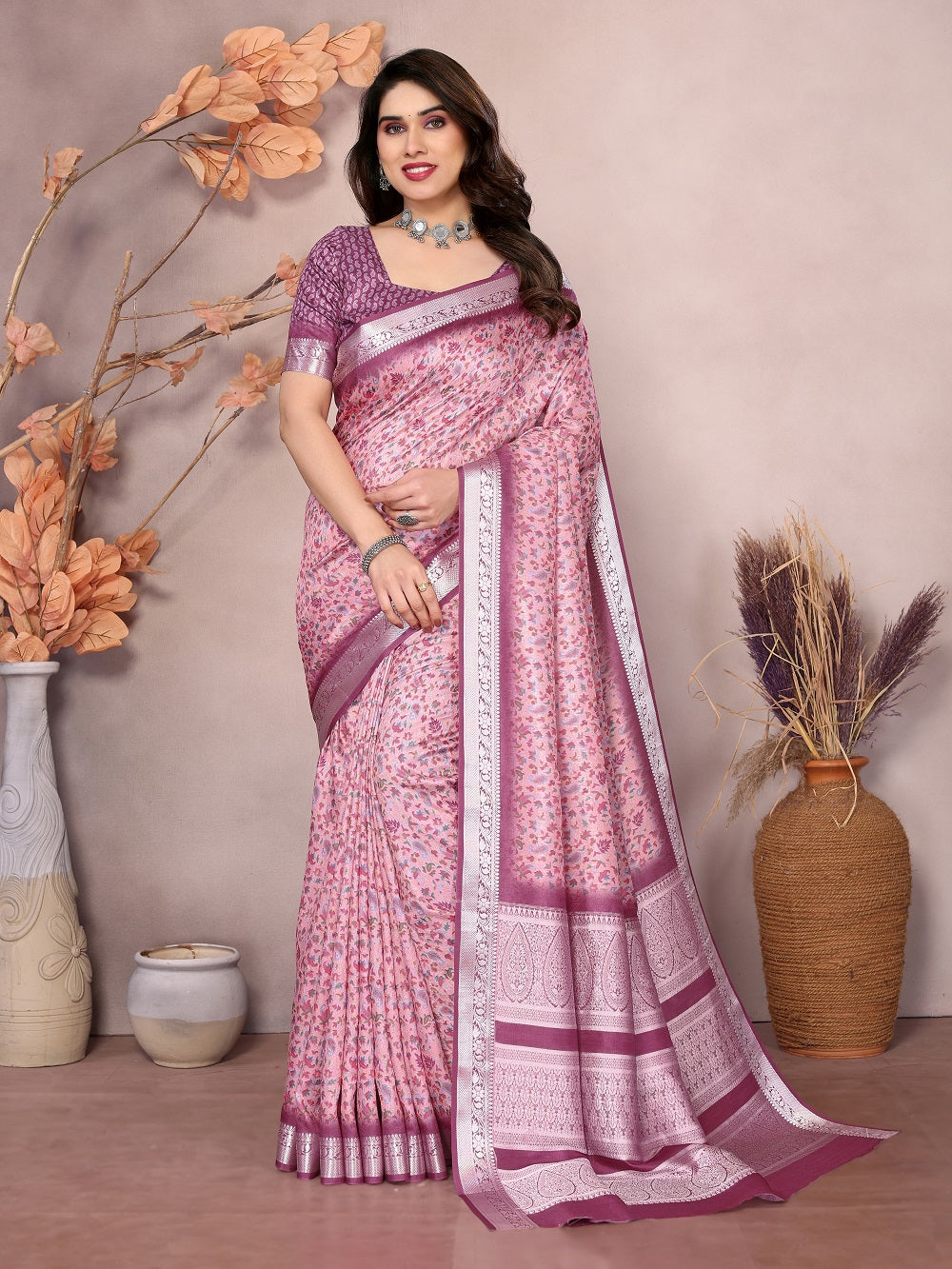 Handloom Silk Pink Pashmina Digital Print Saree With Unstiched Blouse Piece