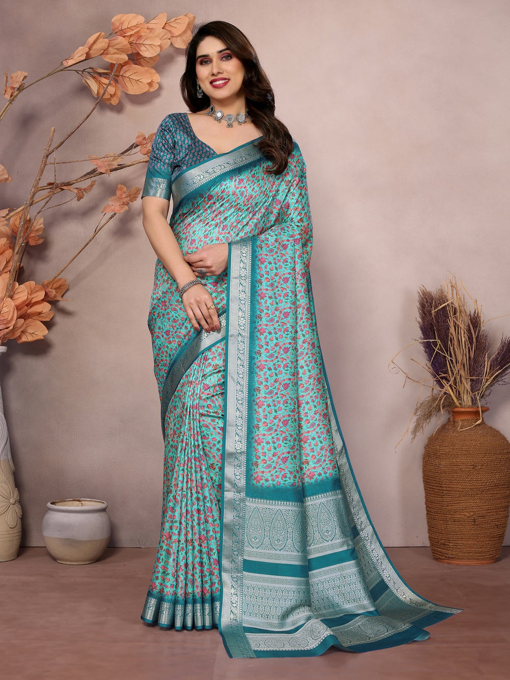 Handloom Silk Sky Blue Pashmina Digital Print Saree With Unstiched Blouse Piece