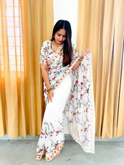 Embroidery White Saree With Unstiched Blouse Piece-MWPK-95-WHITE