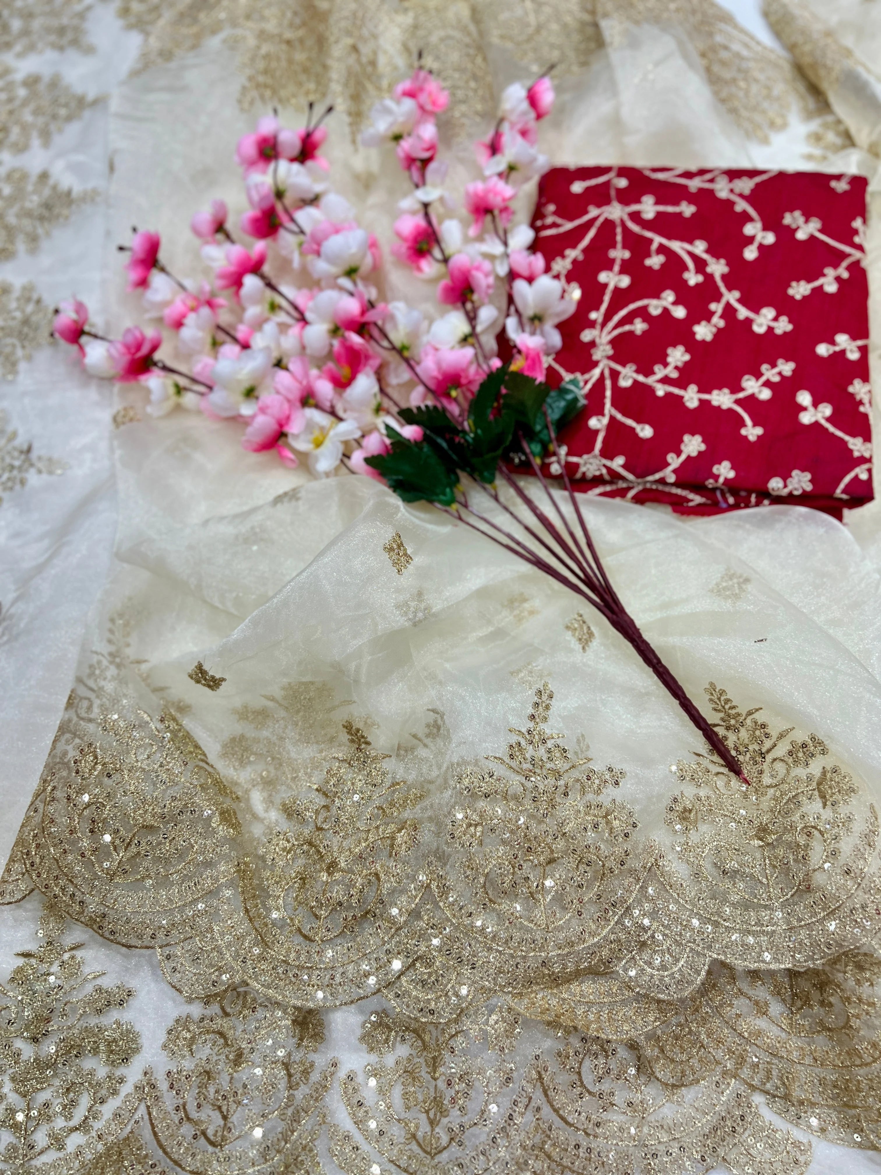 Embroidery Cream Saree With Unstiched Blouse Piece
