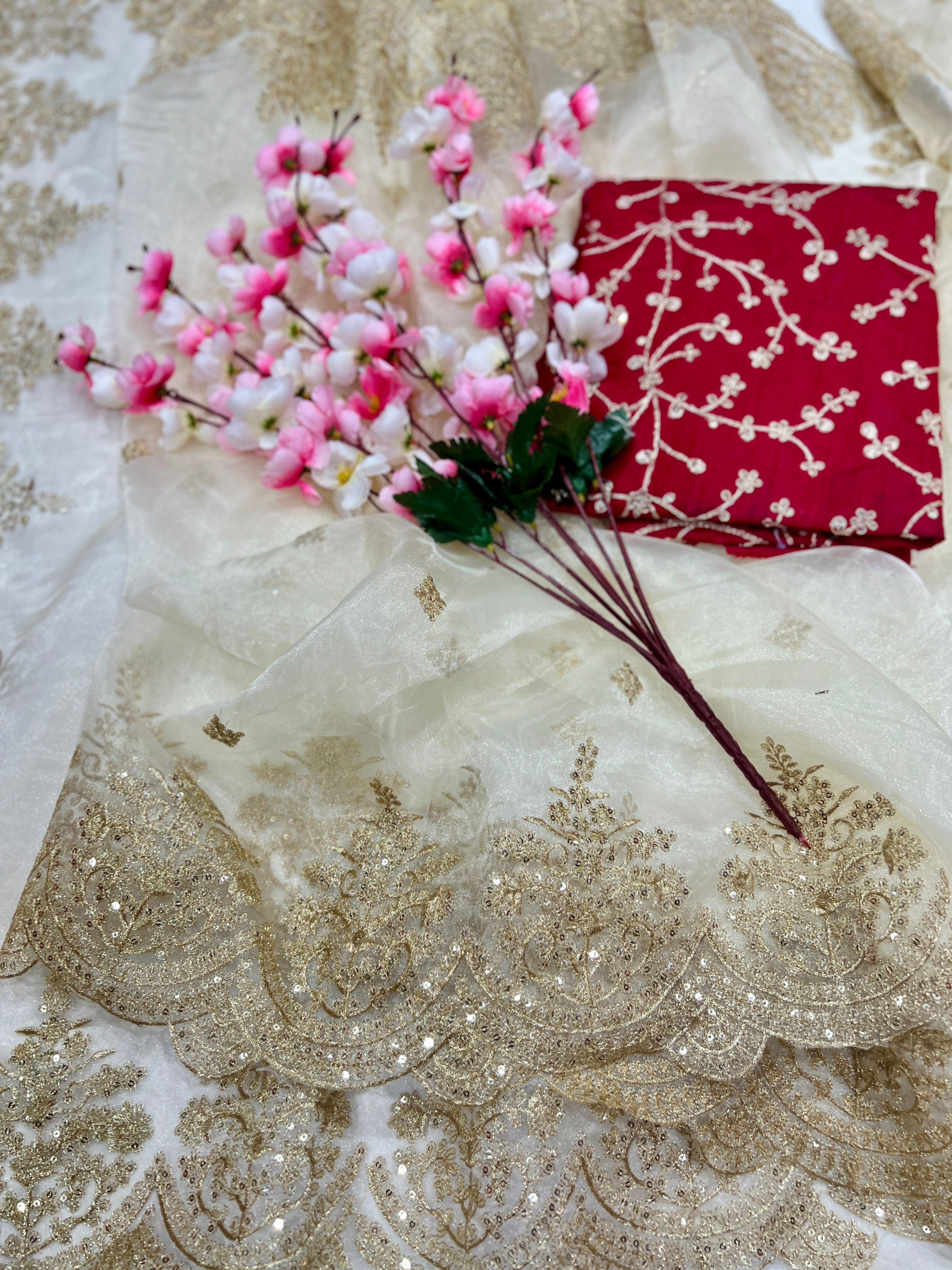 Embroidery Cream Saree With Unstiched Blouse Piece