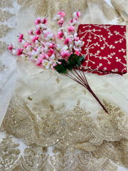 Embroidery Cream Saree With Unstiched Blouse Piece-MWPK-288-CREAM