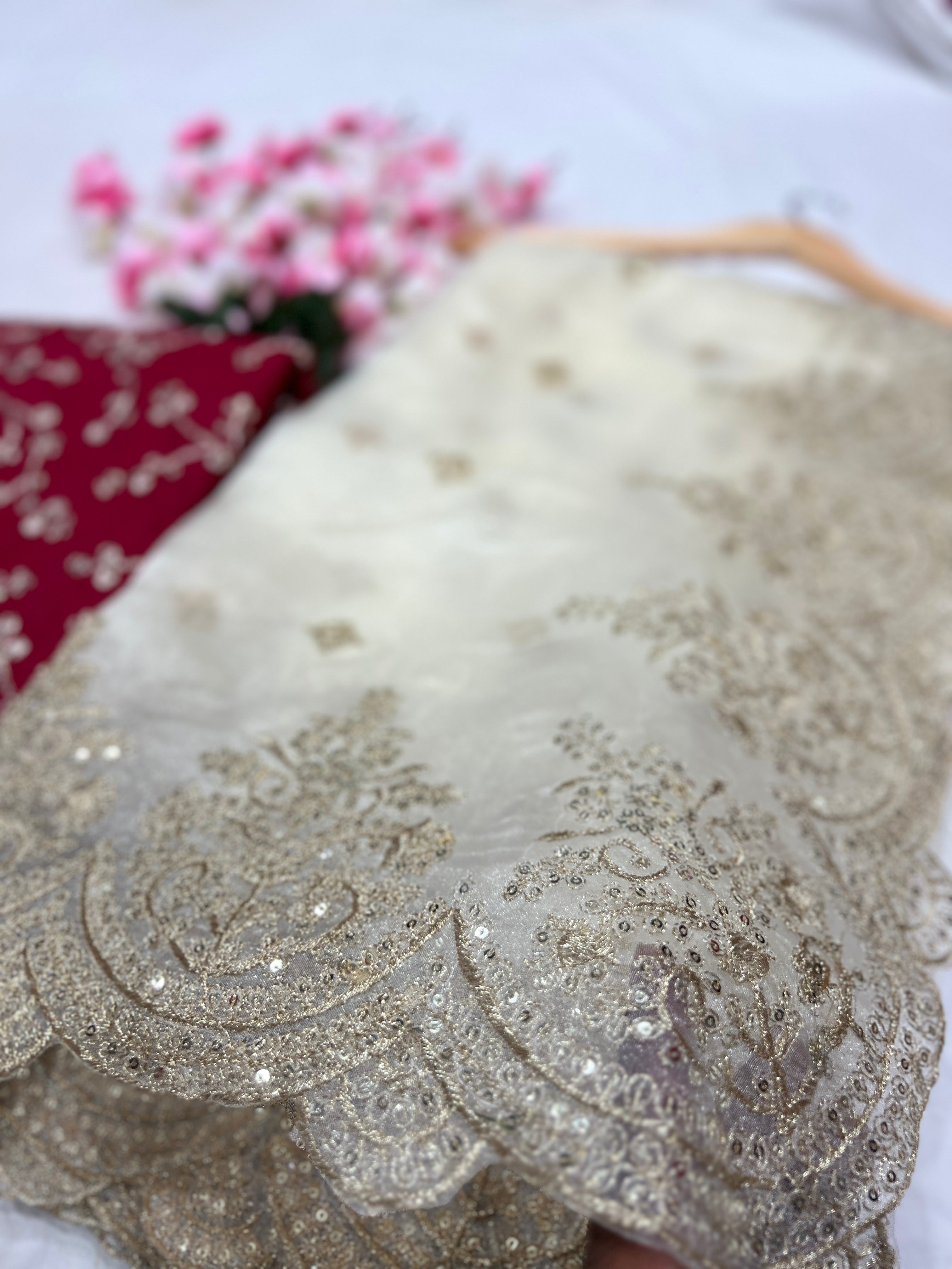 Embroidery Cream Saree With Unstiched Blouse Piece