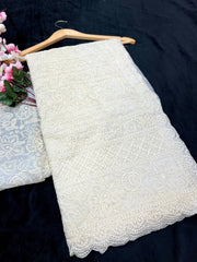 Embroidery White Saree With Unstiched Blouse Piece-MWPK-300-WHITE