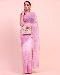 Embroidery Pink Saree With Unstiched Blouse Piece-MWPK-301A-PINK