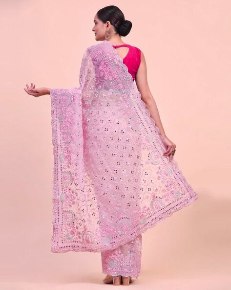 Embroidery Pink Saree With Unstiched Blouse Piece