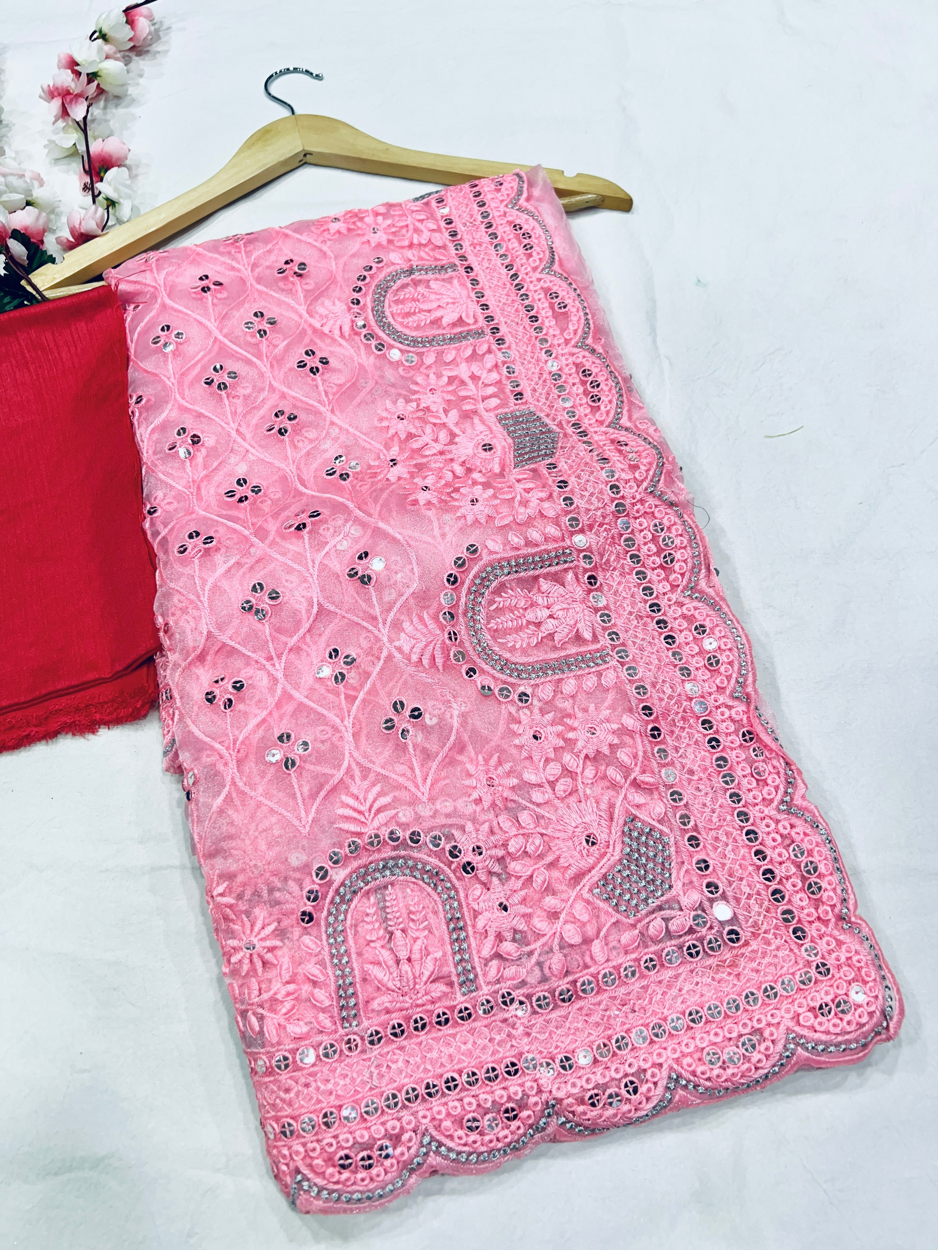 Embroidery Pink Saree With Unstiched Blouse Piece