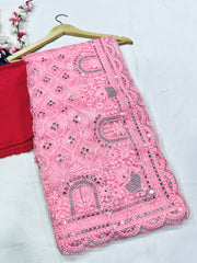 Embroidery Pink Saree With Unstiched Blouse Piece-MWPK-301A-PINK