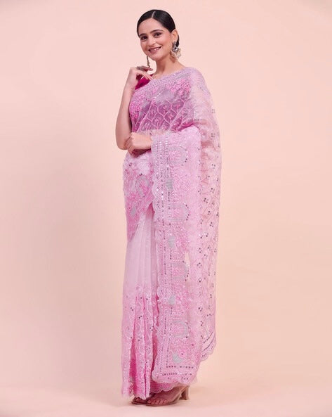 Embroidery Pink Saree With Unstiched Blouse Piece