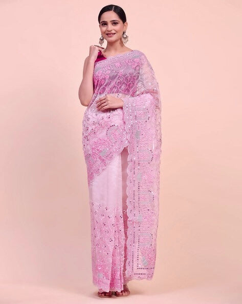 Embroidery Pink Saree With Unstiched Blouse Piece