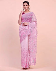 Embroidery Pink Saree With Unstiched Blouse Piece-MWPK-301A-PINK