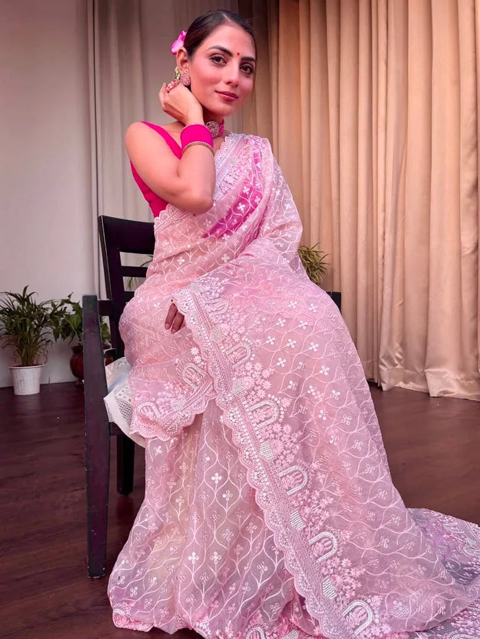 Embroidery Pink Saree With Unstiched Blouse Piece