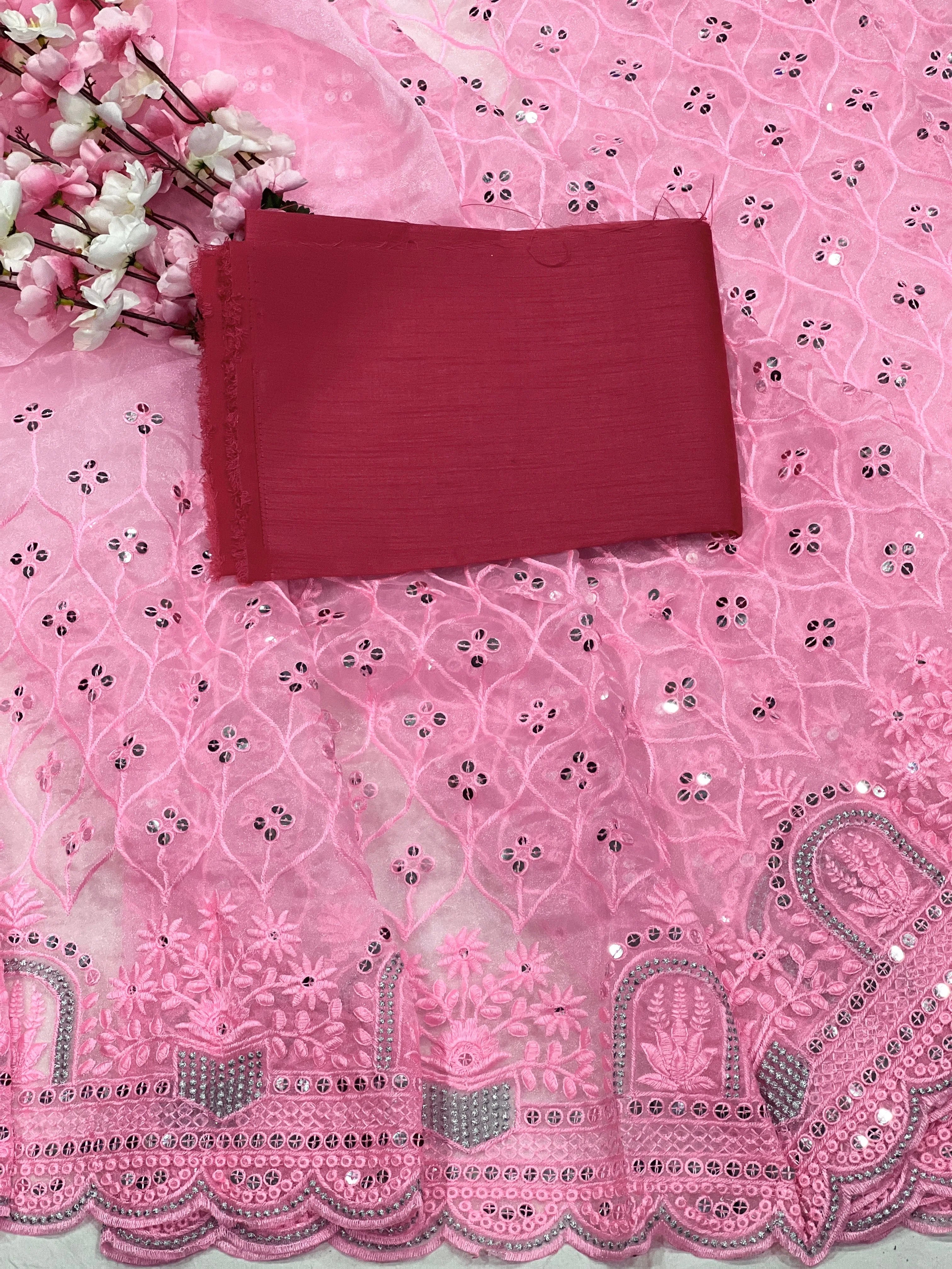 Embroidery Pink Saree With Unstiched Blouse Piece