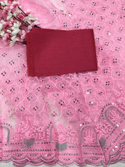 Embroidery Pink Saree With Unstiched Blouse Piece-MWPK-301-PINK