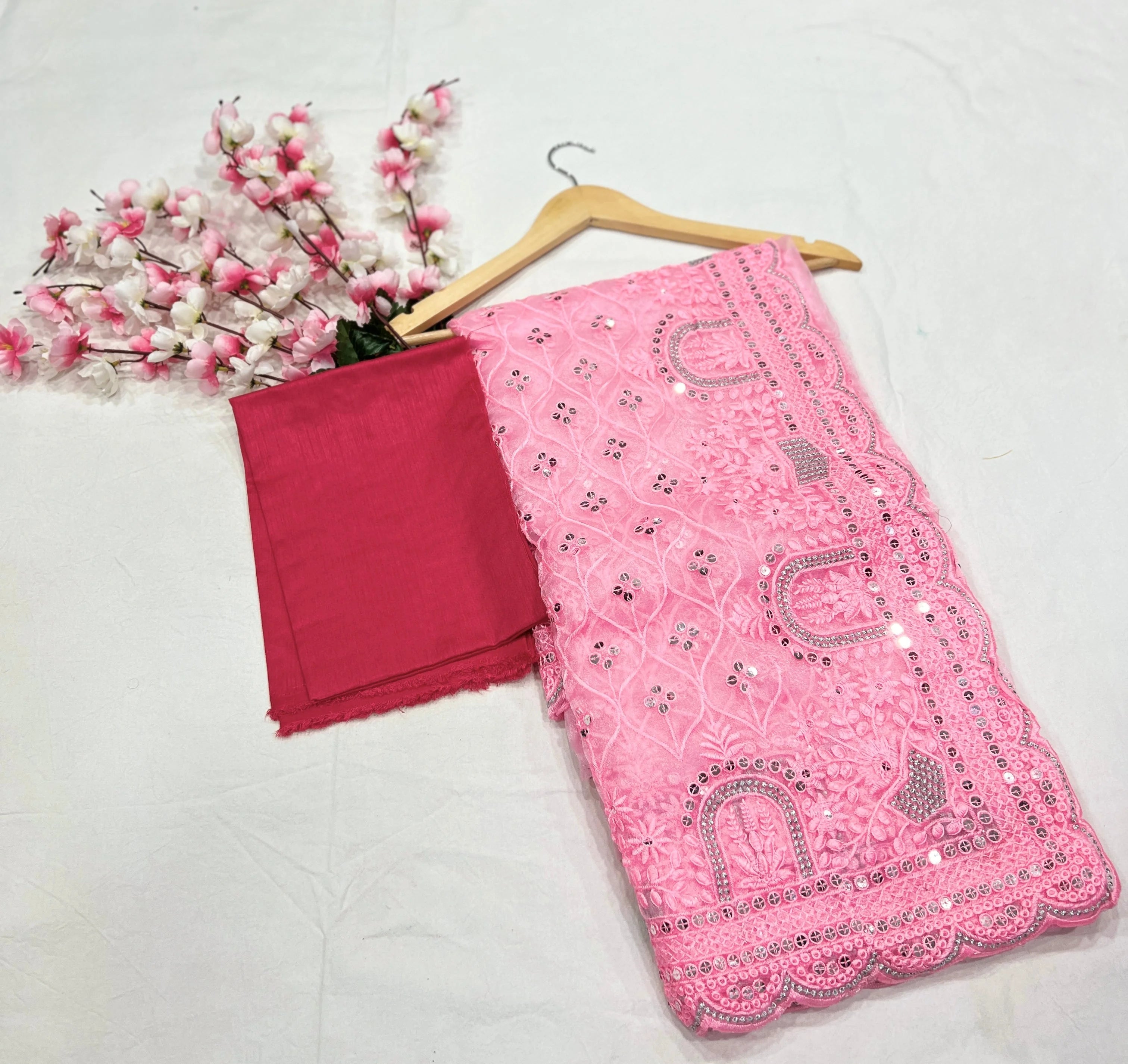 Embroidery Pink Saree With Unstiched Blouse Piece