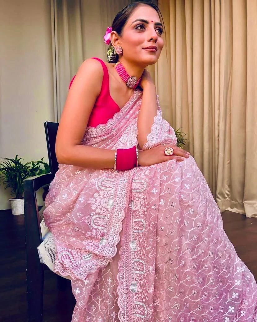 Embroidery Pink Saree With Unstiched Blouse Piece