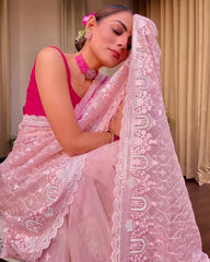 Embroidery Pink Saree With Unstiched Blouse Piece-MWPK-301-PINK