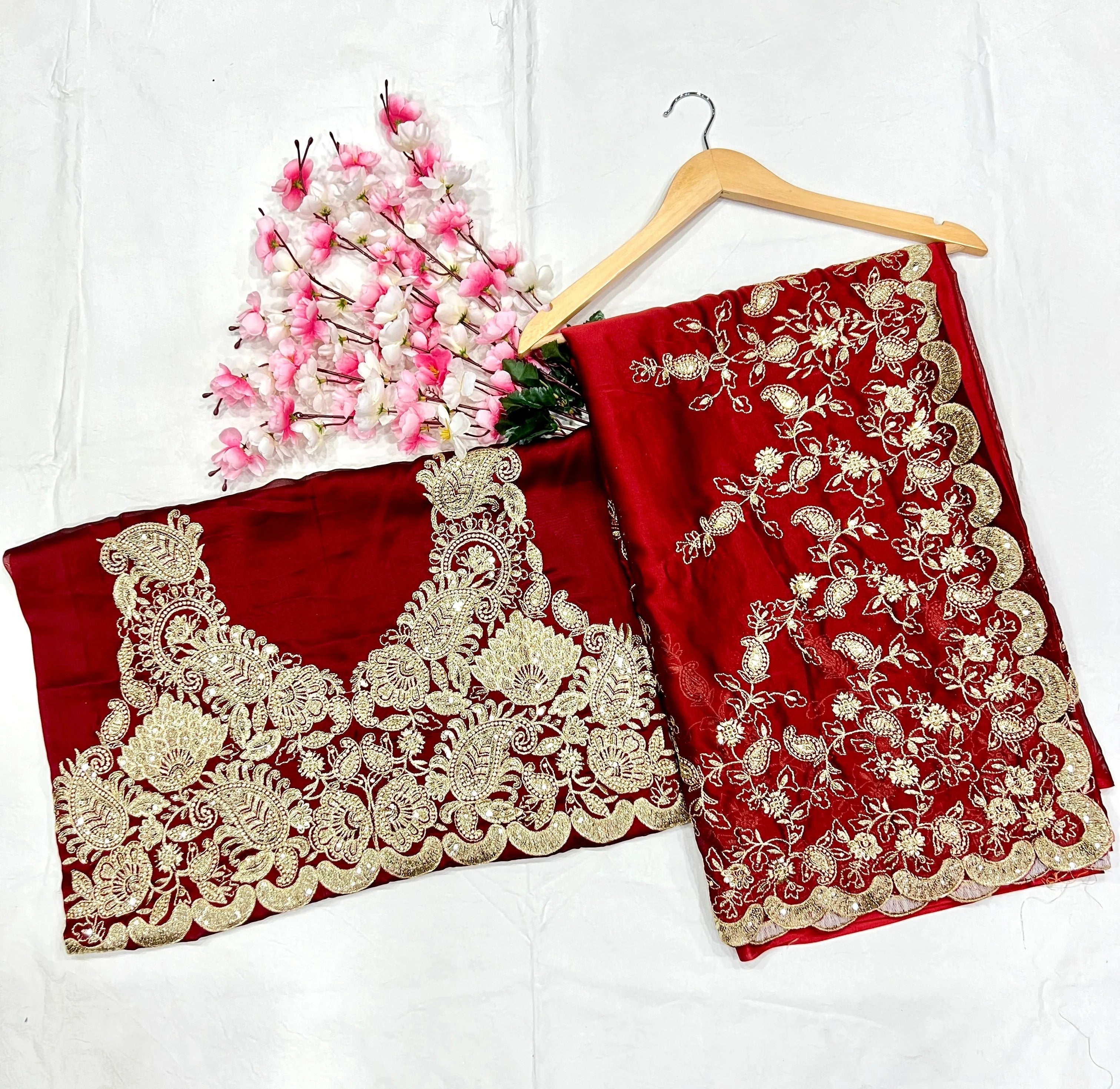 Embroidery Maroon Saree With Unstiched Blouse Piece