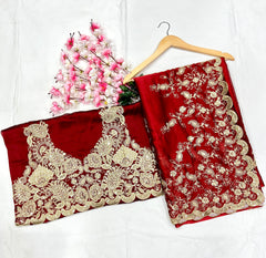 Embroidery Maroon Saree With Unstiched Blouse Piece-MWPK-302A-MARUN