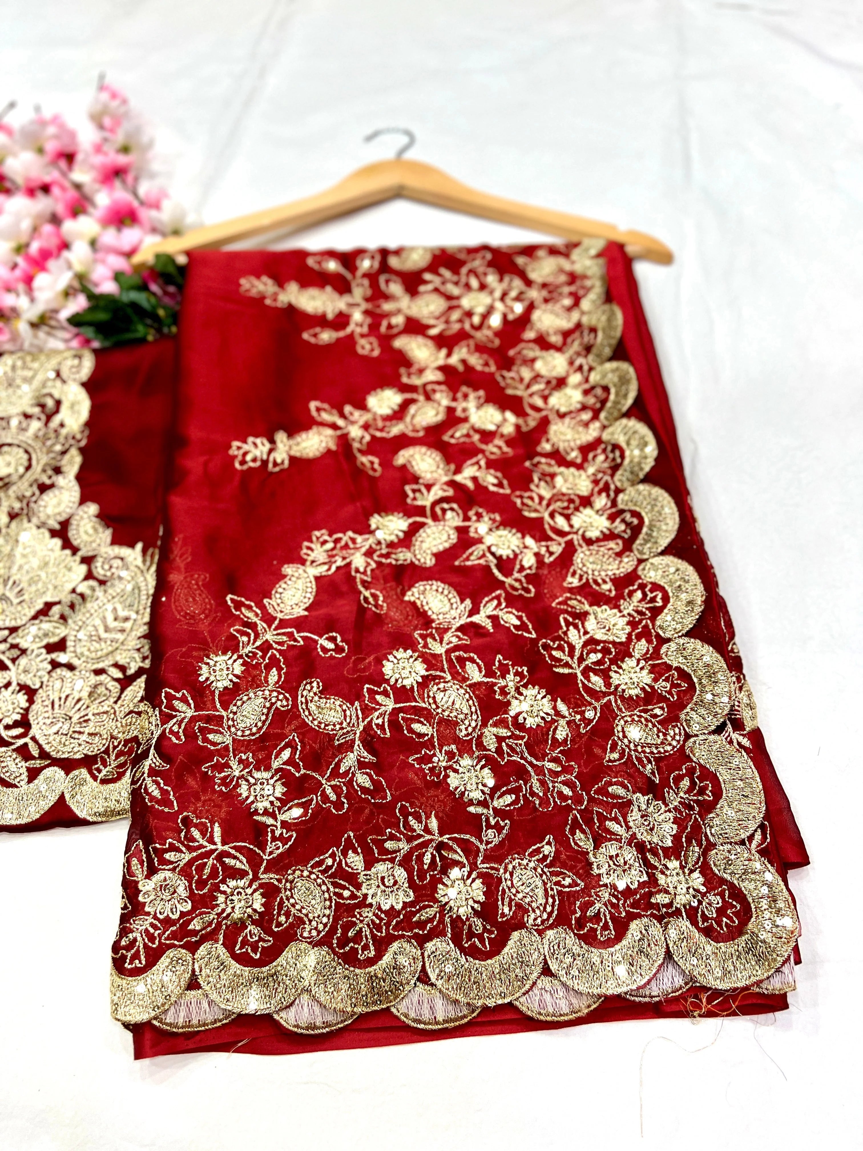 Embroidery Maroon Saree With Unstiched Blouse Piece