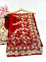 Embroidery Maroon Saree With Unstiched Blouse Piece-MWPK-302-MARUN