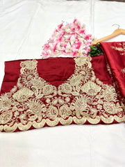 Embroidery Maroon Saree With Unstiched Blouse Piece-MWPK-302-MARUN