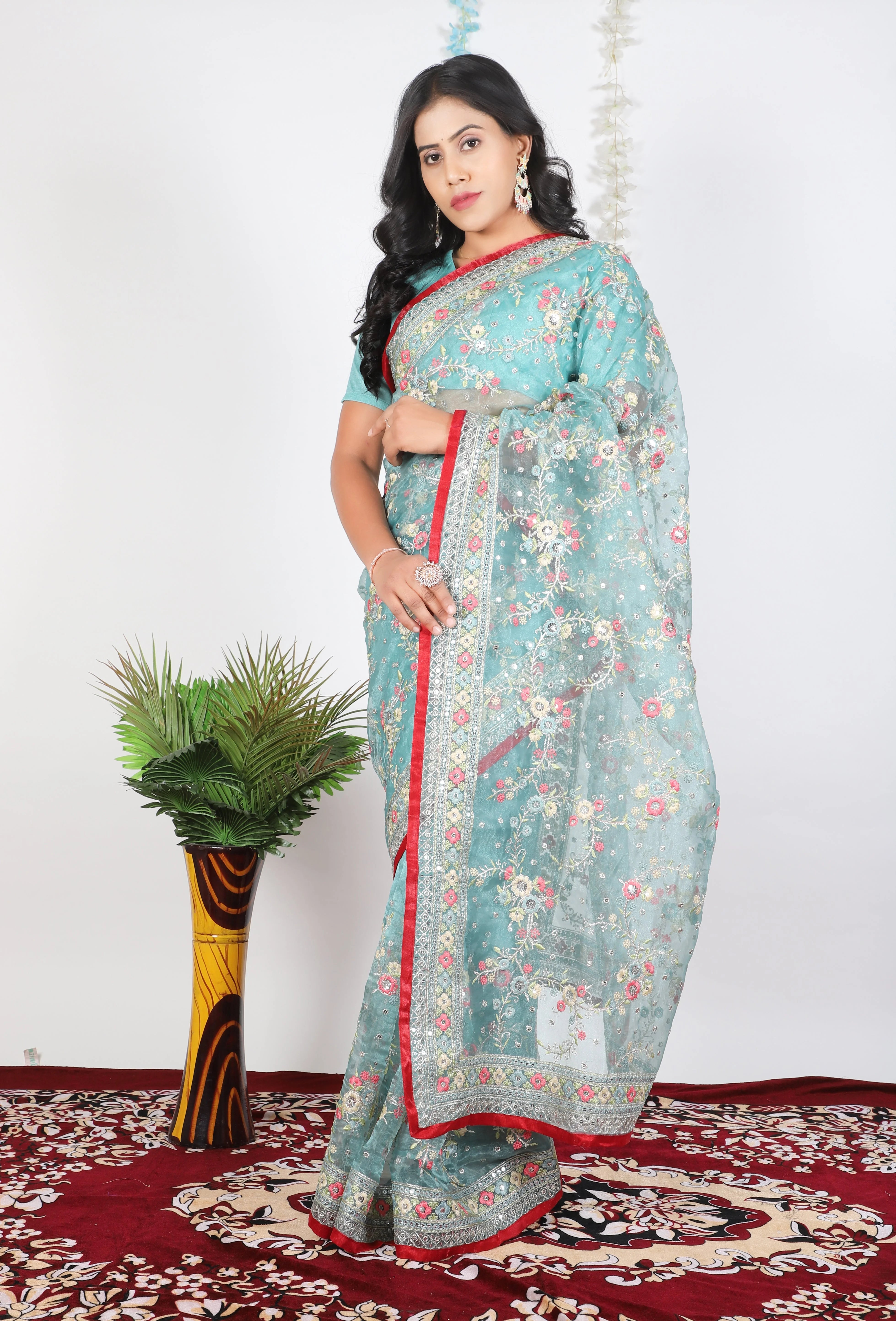 Embroidery Sky Blue Saree With Unstiched Blouse Piece