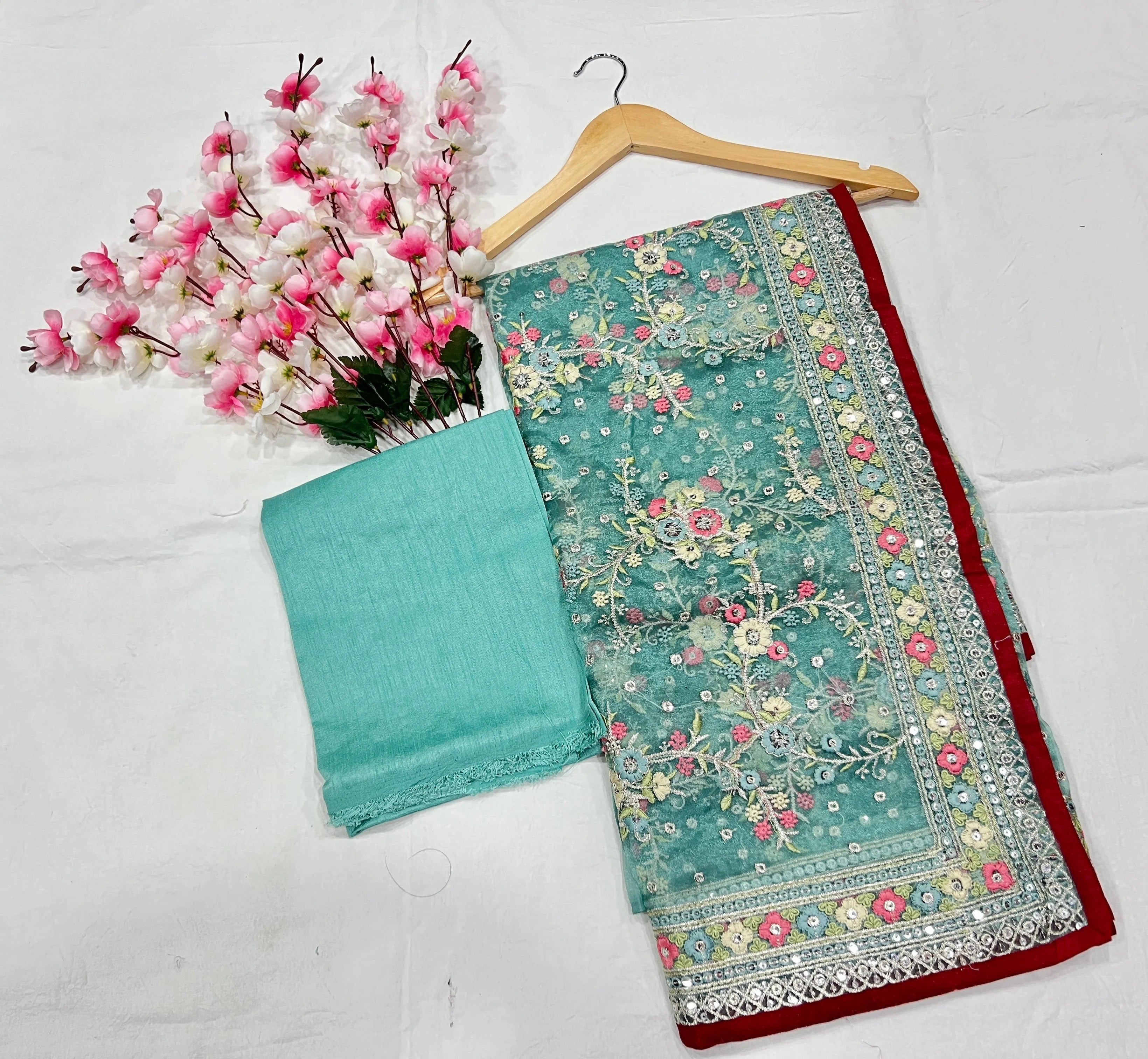 Embroidery Sky Blue Saree With Unstiched Blouse Piece