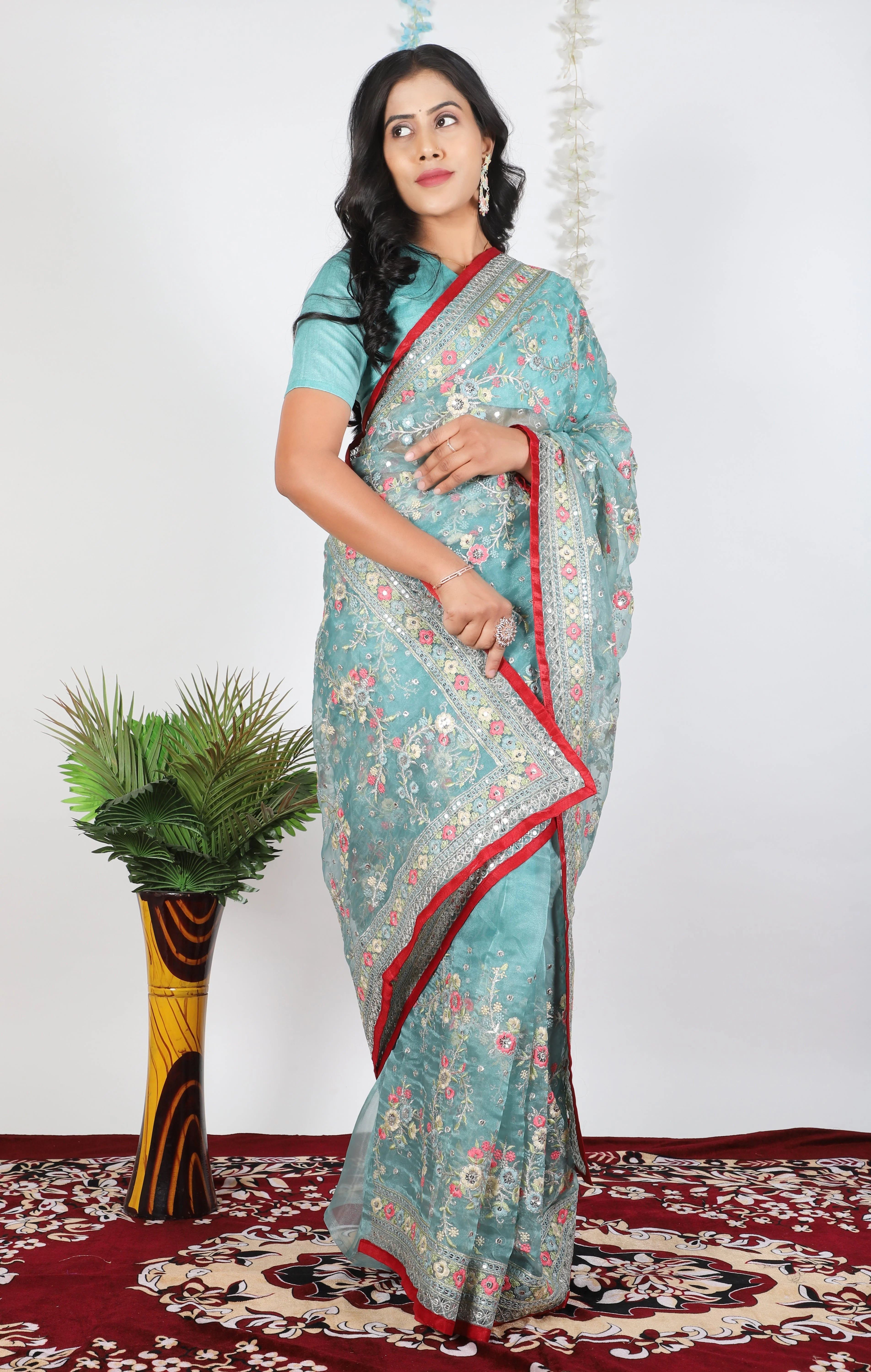 Embroidery Sky Blue Saree With Unstiched Blouse Piece