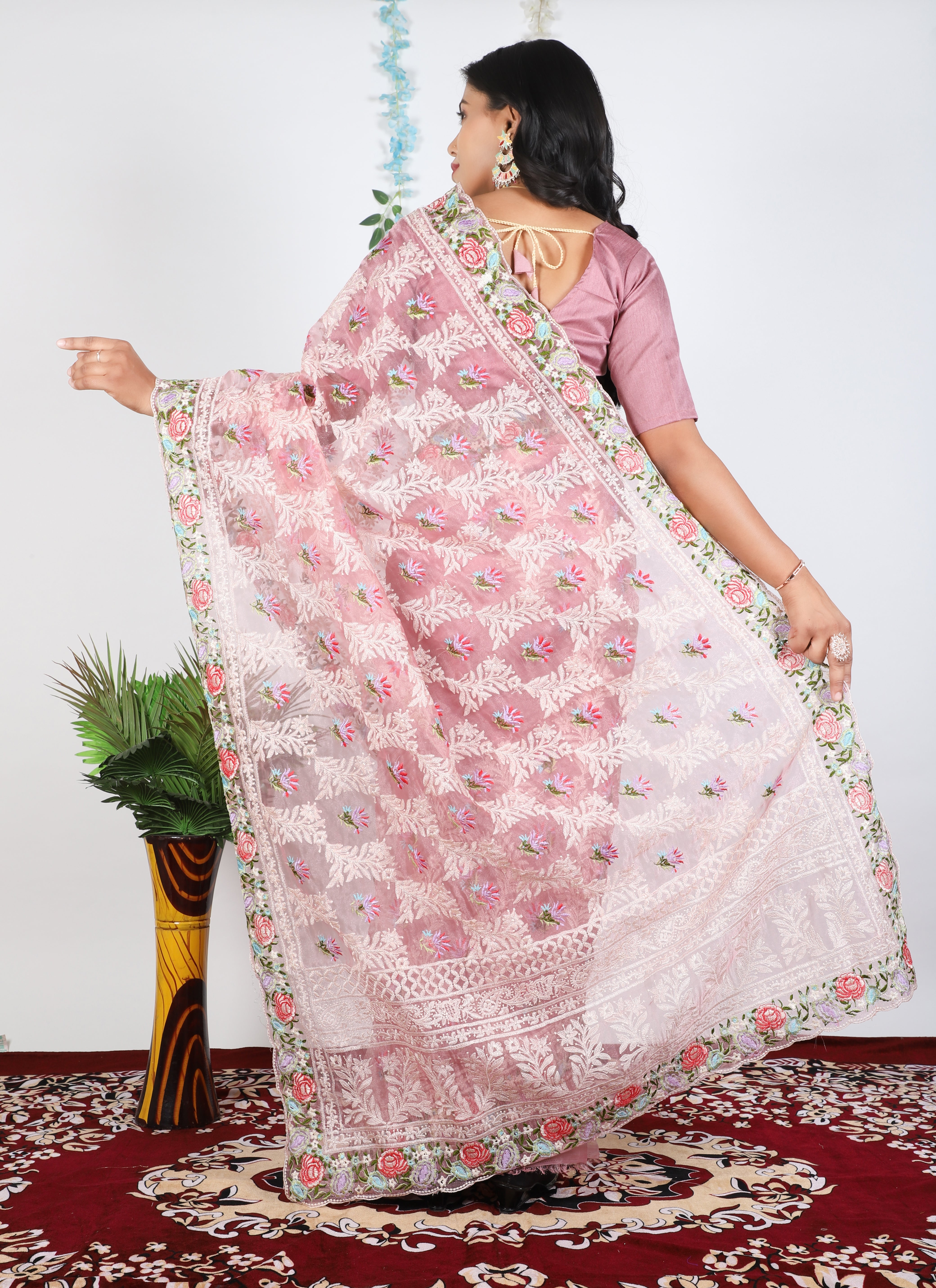 Embroidery Peach Saree With Unstiched Blouse Piece