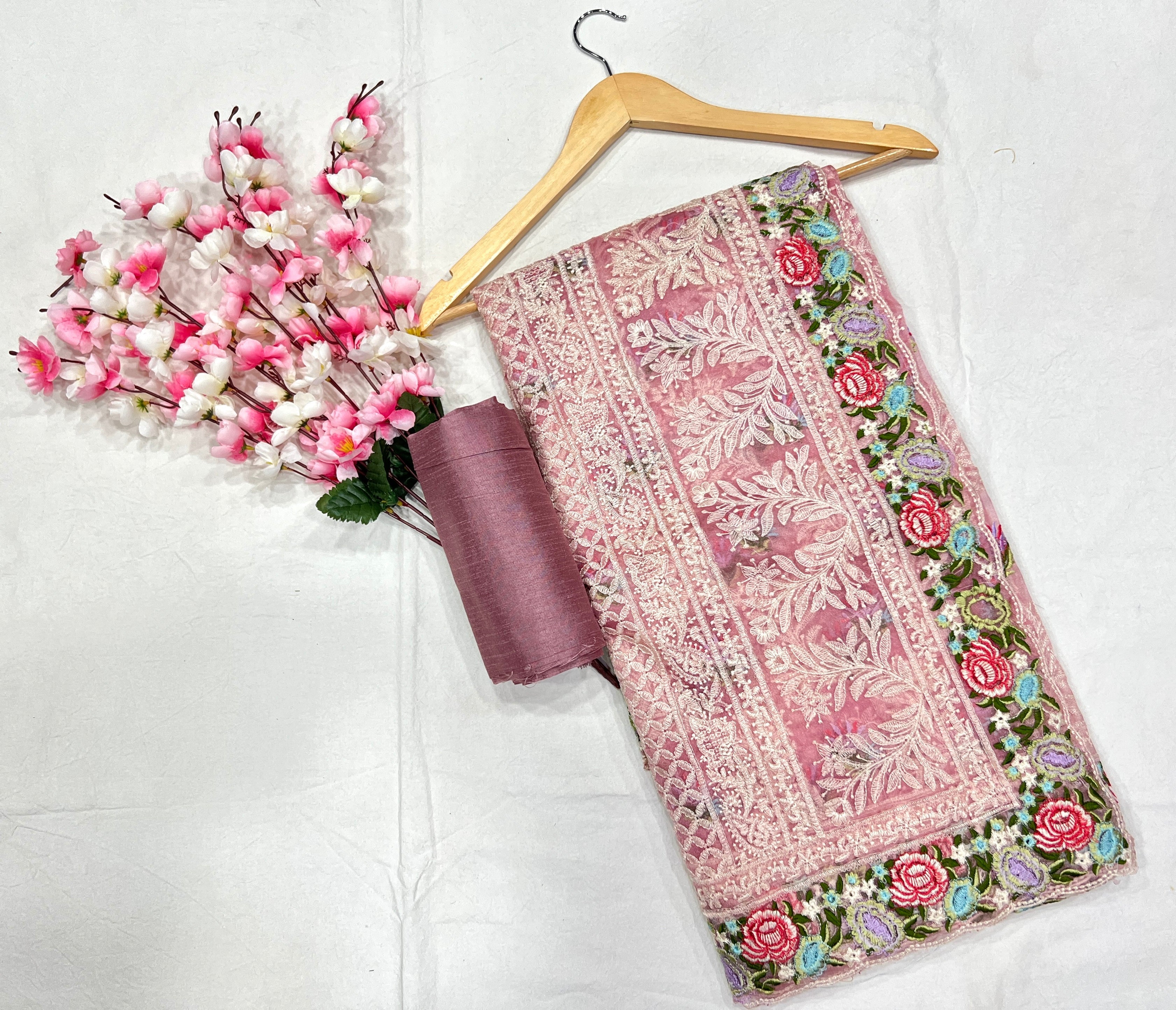 Embroidery Peach Saree With Unstiched Blouse Piece