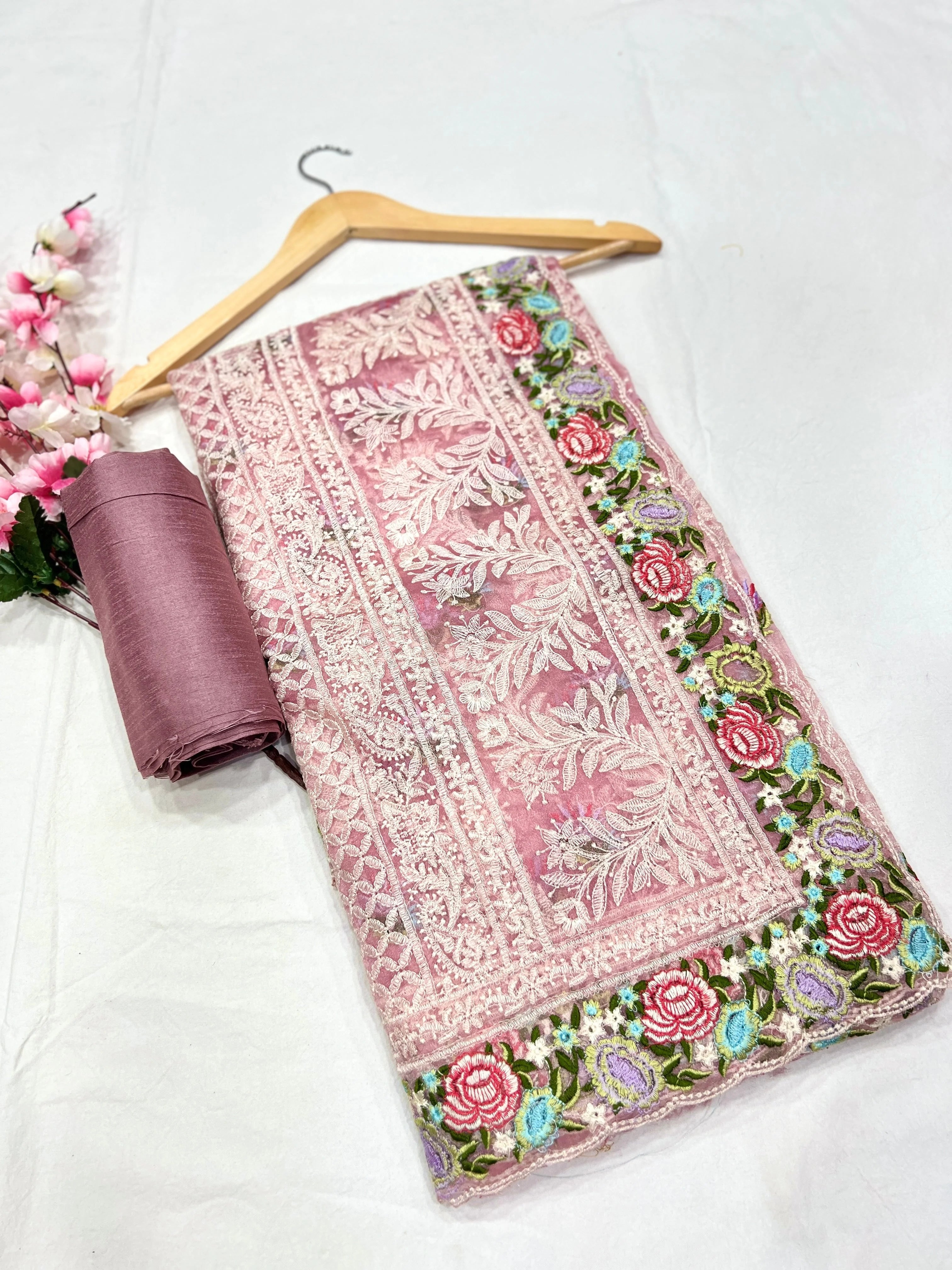 Embroidery Peach Saree With Unstiched Blouse Piece