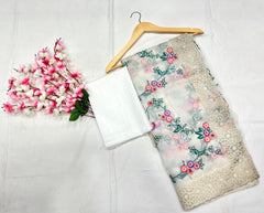 Embroidery White Saree With Unstiched Blouse Piece-MWPK-309-WHITE