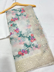 Embroidery White Saree With Unstiched Blouse Piece-MWPK-309-WHITE