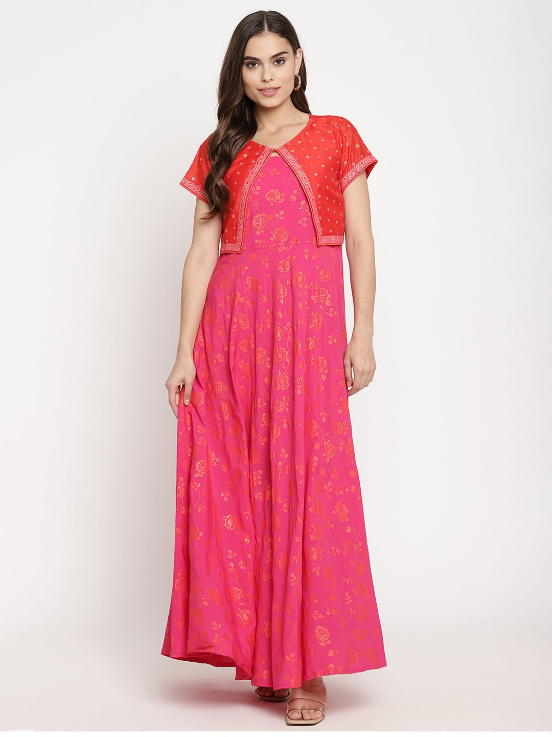 Pink & Orange Floral Print Kurta with Jacket | Indian Kurta Sets