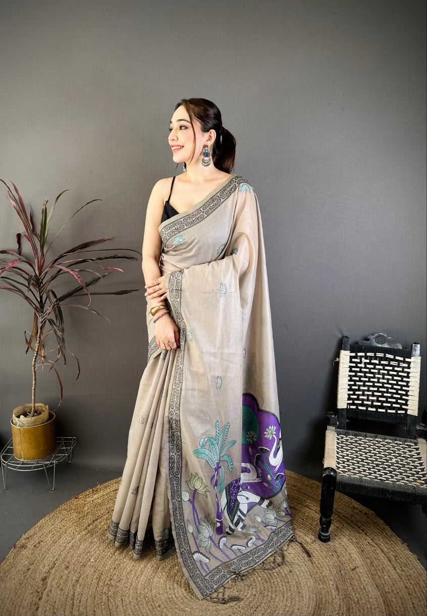 Cotton Blend Saree for Women - Beige | MLWSHSA9104BEI | DesiQlo
