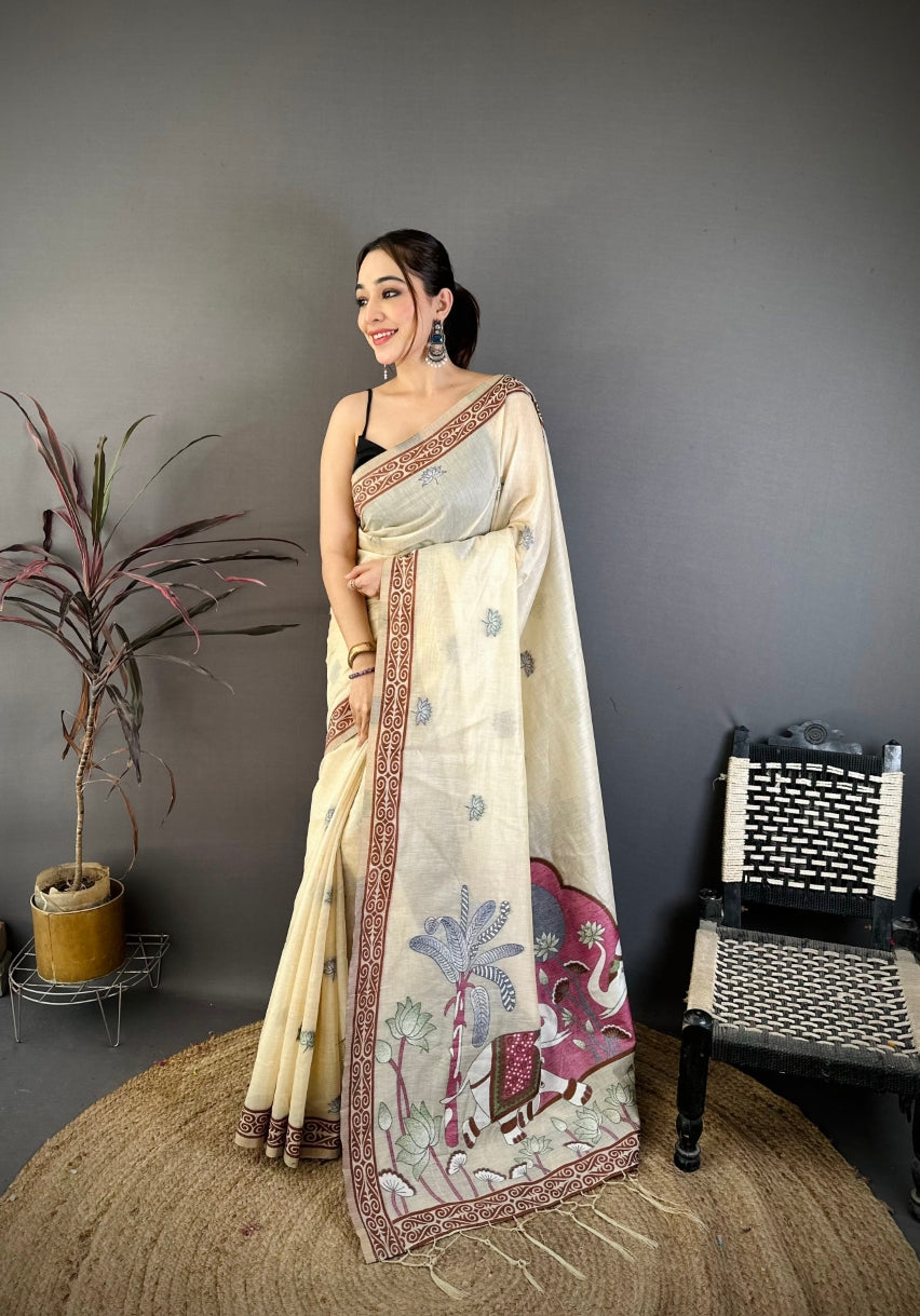 Cotton Blend Saree for Women - Off White | MLWSHSA9105CRM