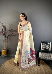 Cotton Blend Saree for Women - Off White | MLWSHSA9105CRM