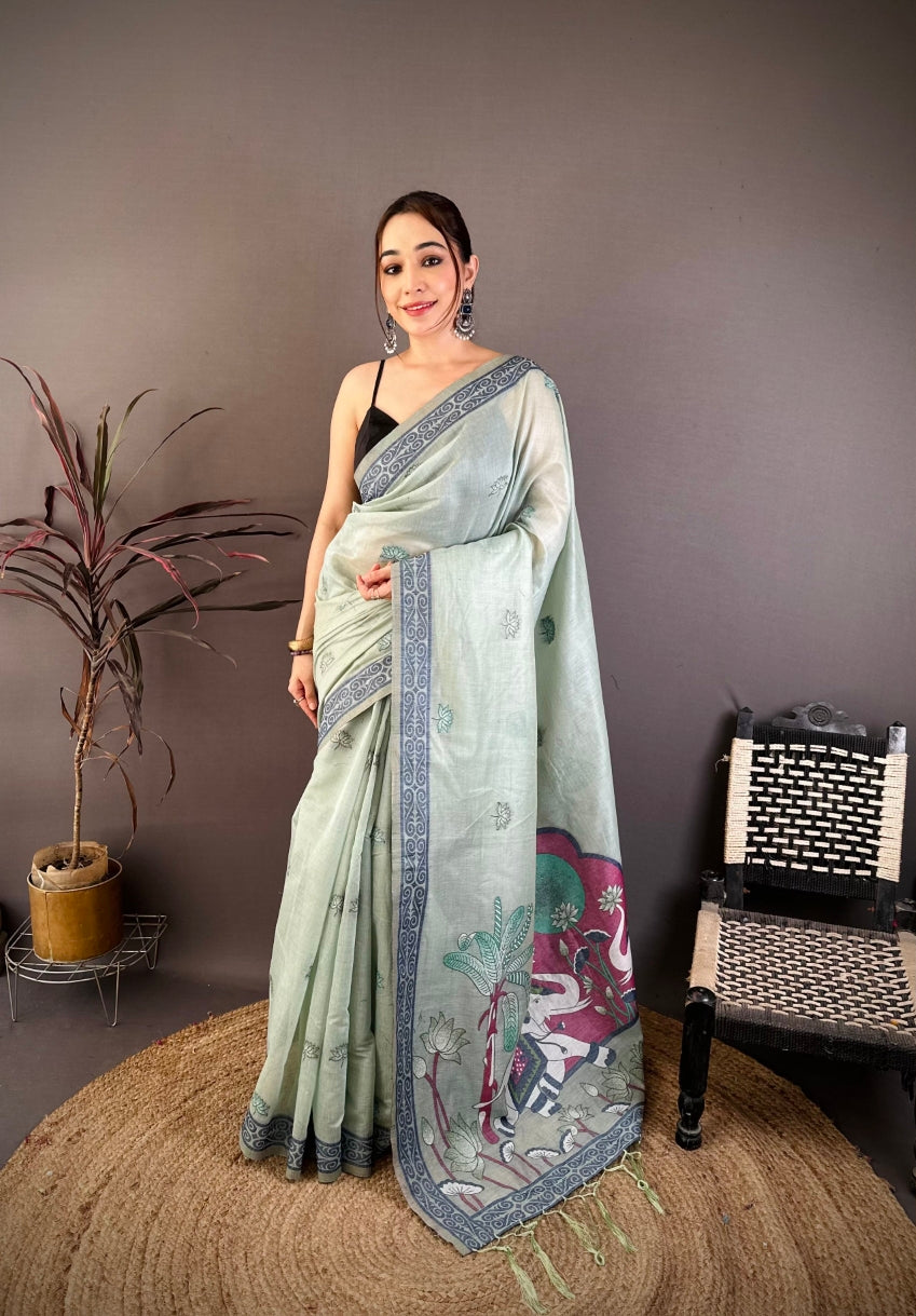 Cotton Blend Saree for Women - Green | MLWSHSA9107GRN | DesiQlo