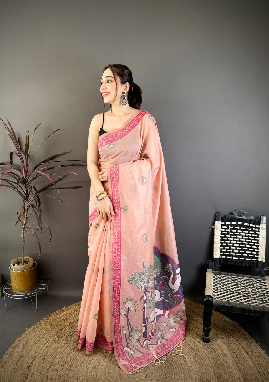 Cotton Blend Saree for Women - Peach | MLWSHSA9108PCH | DesiQlo