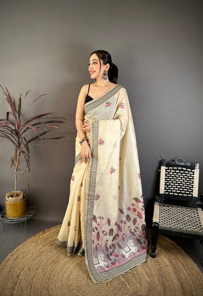 Cotton Blend Saree for Women - Off White | MLWSHSA9111CRM