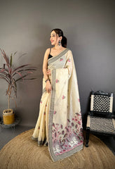 Cotton Blend Saree for Women - Off White | MLWSHSA9111CRM