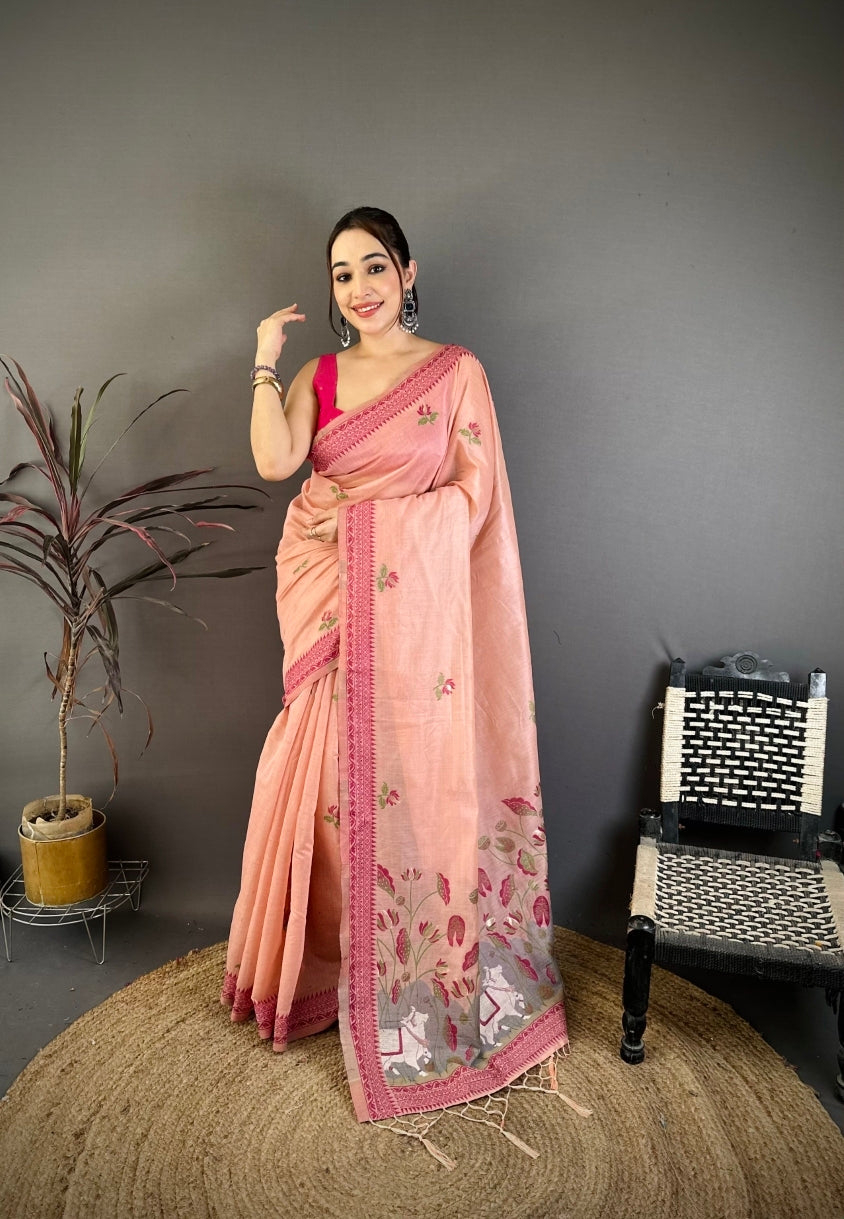 Cotton Blend Saree for Women - Peach | MLWSHSA9114PCH | DesiQlo