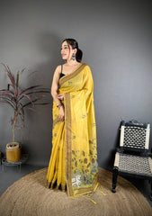 Cotton Blend Saree for Women - Yellow | MLWSHSA9115YLW