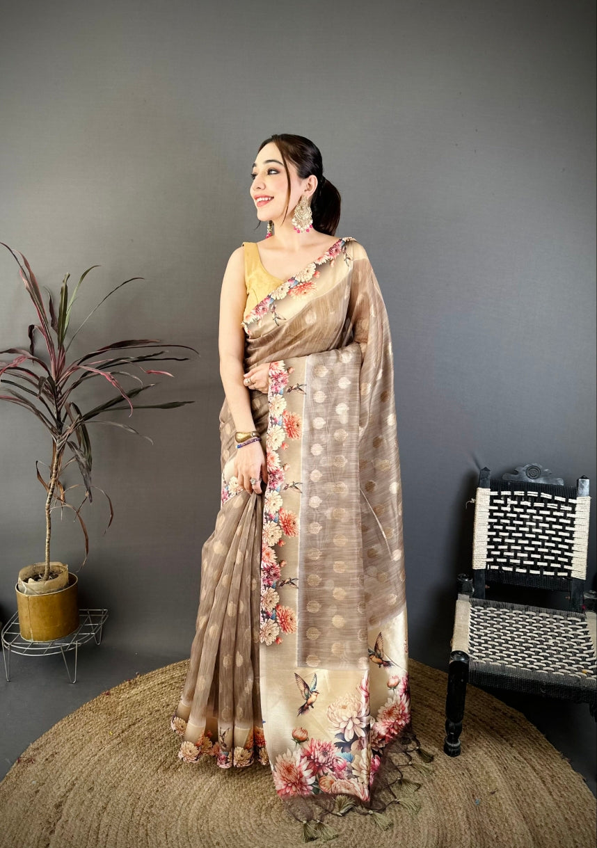 Cotton Blend Saree for Women - Brown | MLWSHSA9117BRN