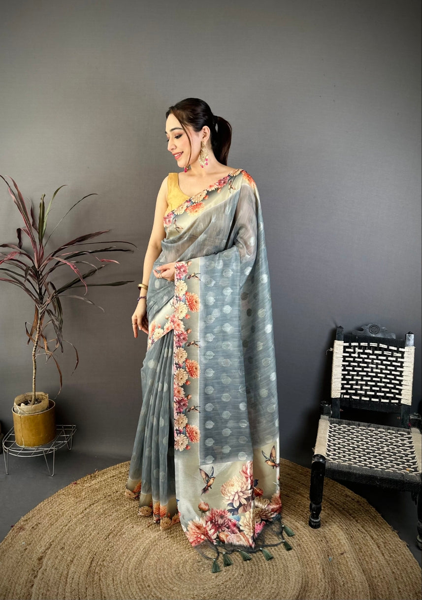 Cotton Blend Saree for Women - Grey | MLWSHSA9119GRY | DesiQlo