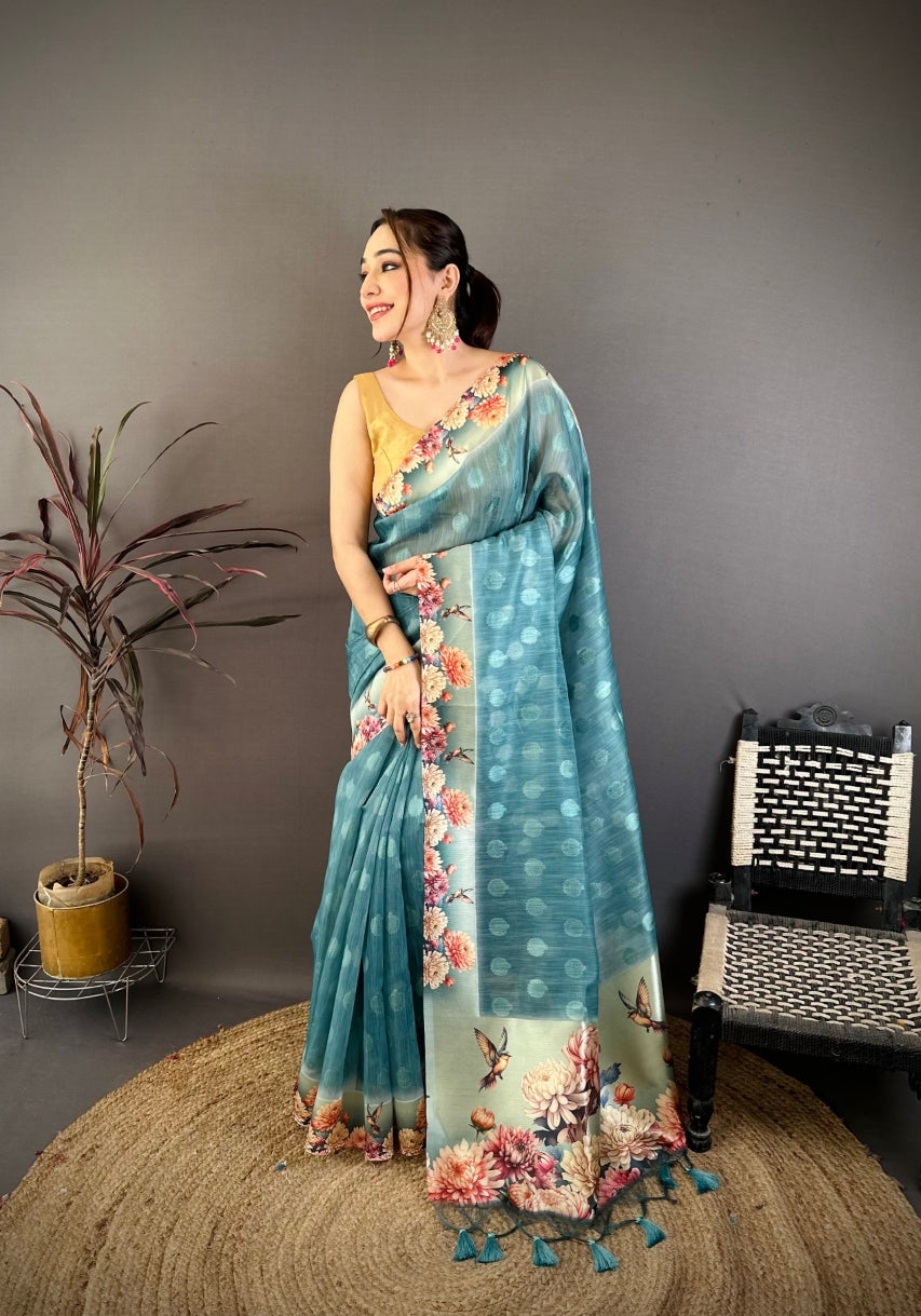 Cotton Blend Saree for Women - Teal | MLWSHSA9123TEL | DesiQlo