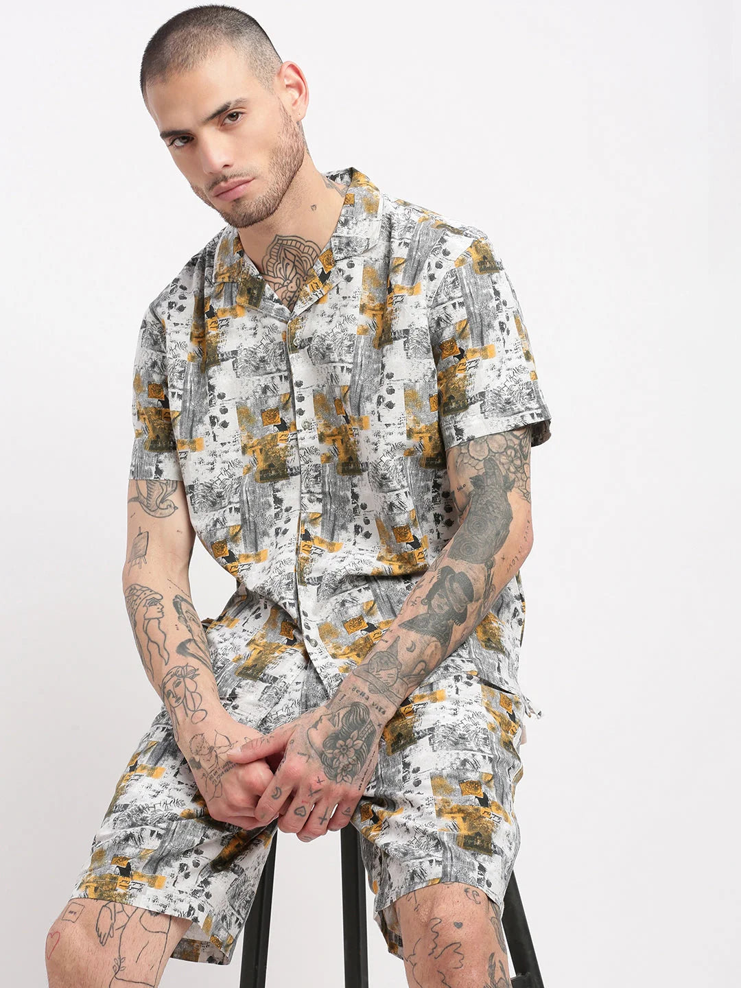 Men's Tropical Grey Co Ord Sets | Cuban Collar - Showoff