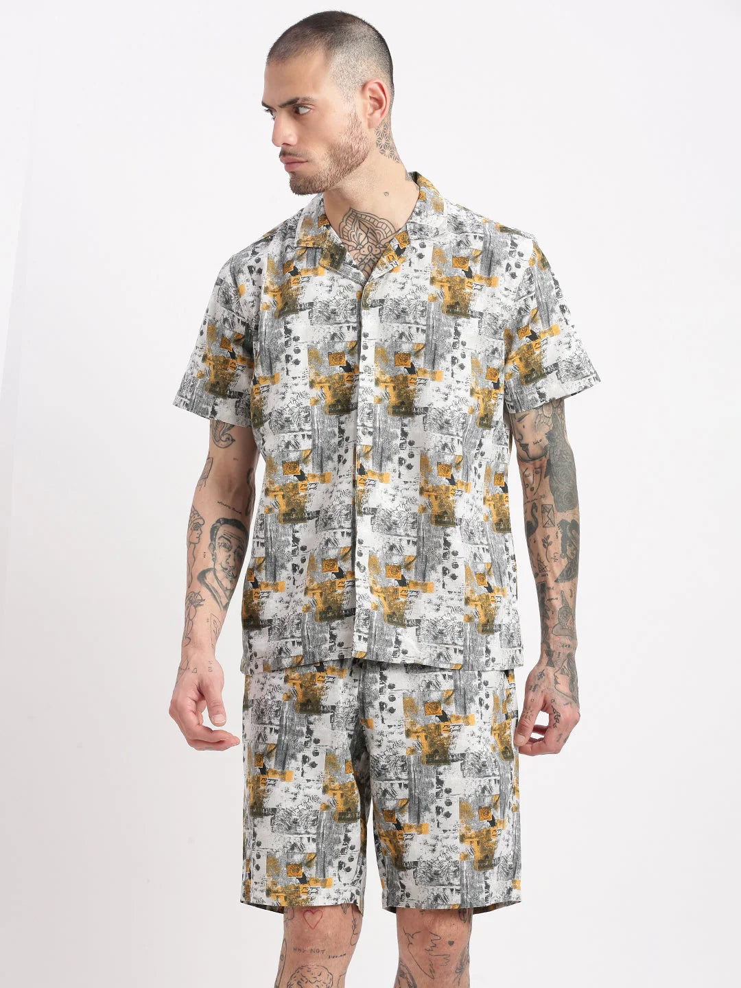 Men's Tropical Grey Co Ord Sets | Cuban Collar - Showoff