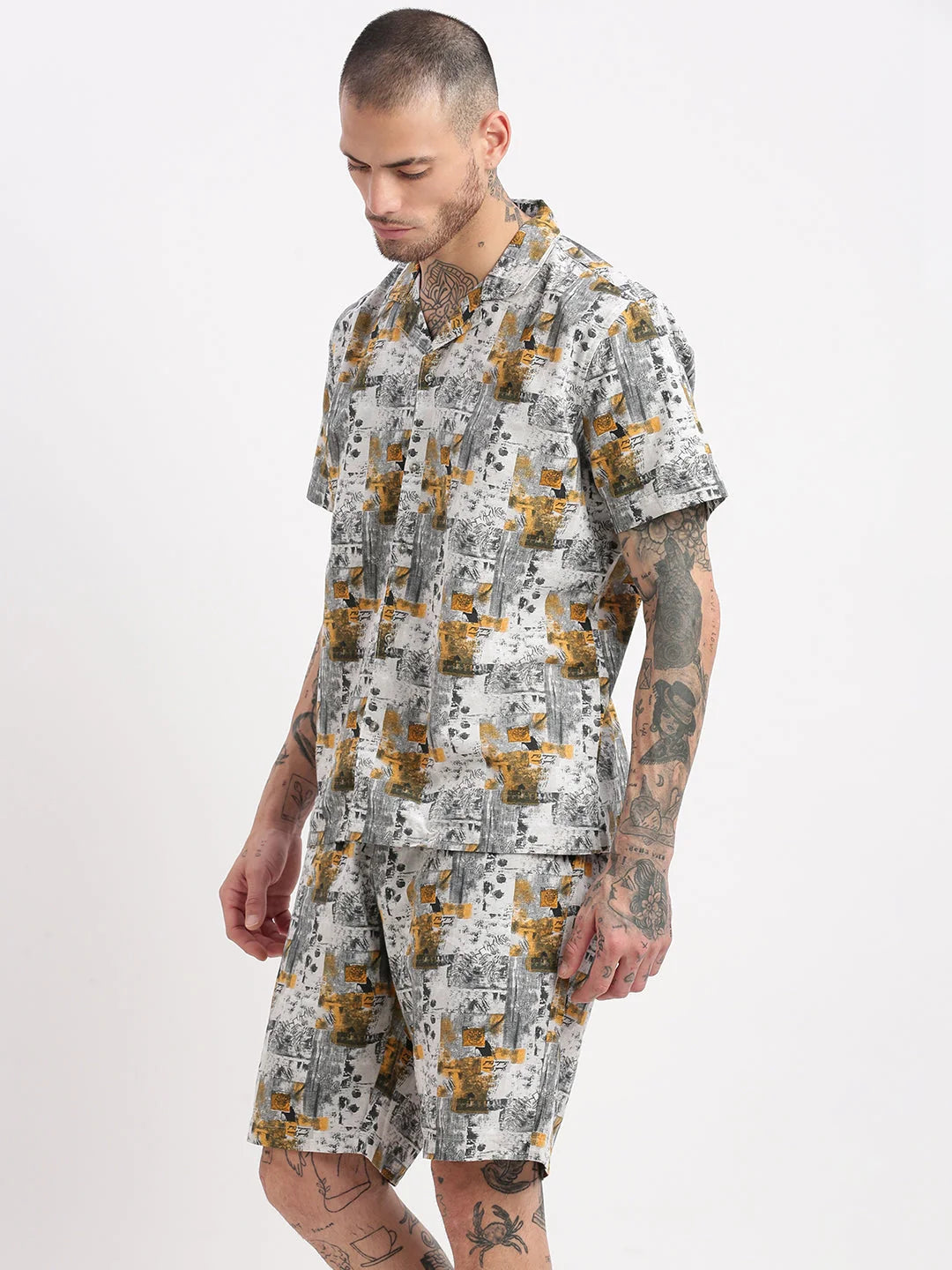 Men's Tropical Grey Co Ord Sets | Cuban Collar - Showoff